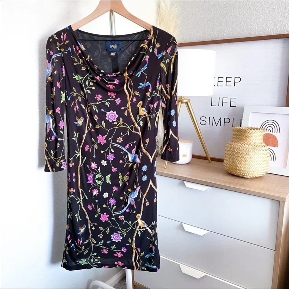 Roberto Cavalli Black Midi Dress with Multi-Color Floral Print